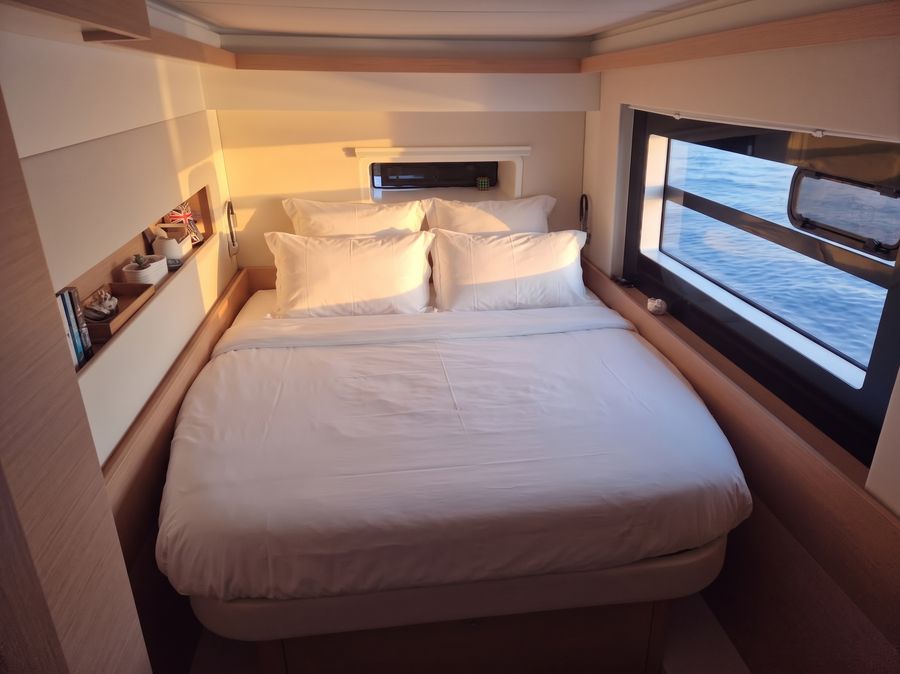 Master cabin berth with hull windows