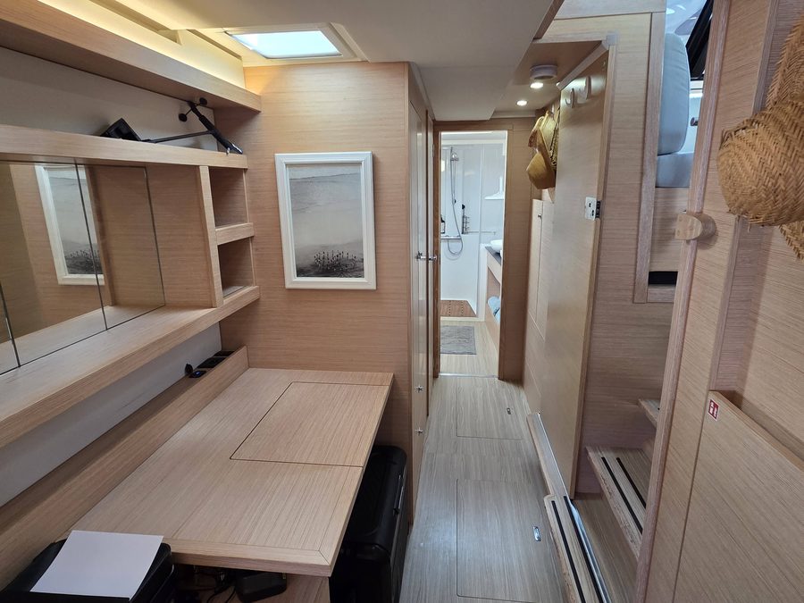 Master cabin desk, looking down the hallway toward the head
